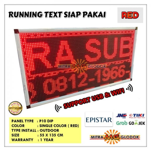 Running Text P10 Outdoor Single Color Siap Pakai WIFI + USB | RED - 100 x 50 cm